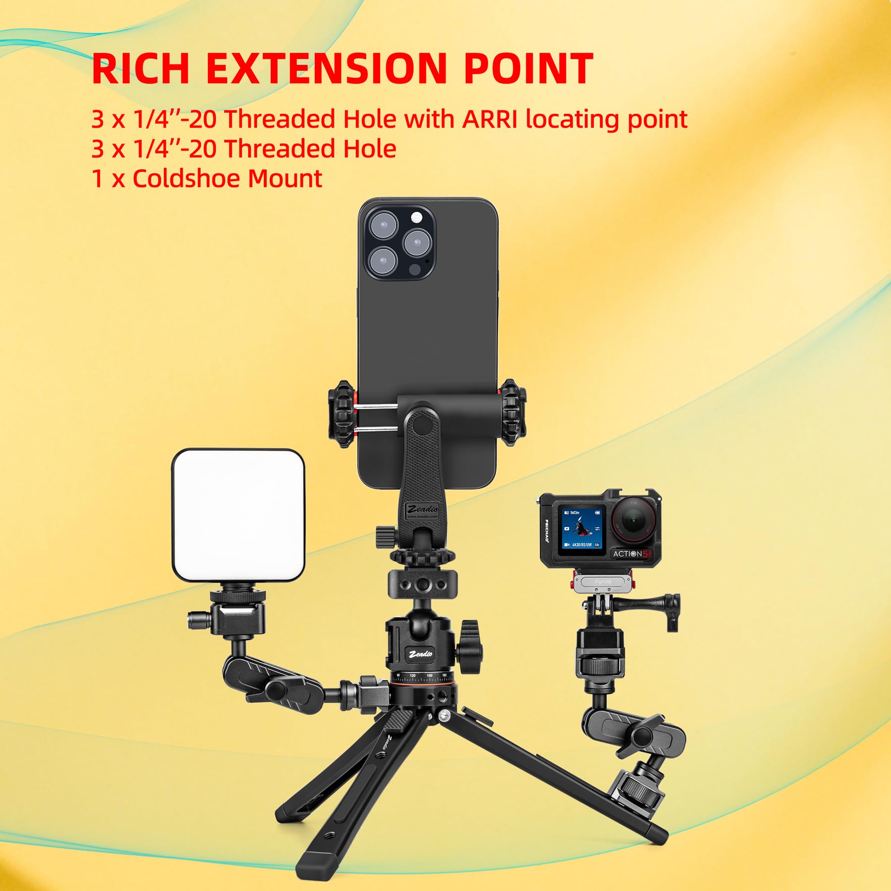 Zeadio Kit Treppiedi in Metallo Resistente: con Montatura a Sfera 360°, Clip per Telefono e Action Camera Adattatore, Montatura Universale da 1/4" per Smartphone Vlog Fotocamera Gimbal ecc