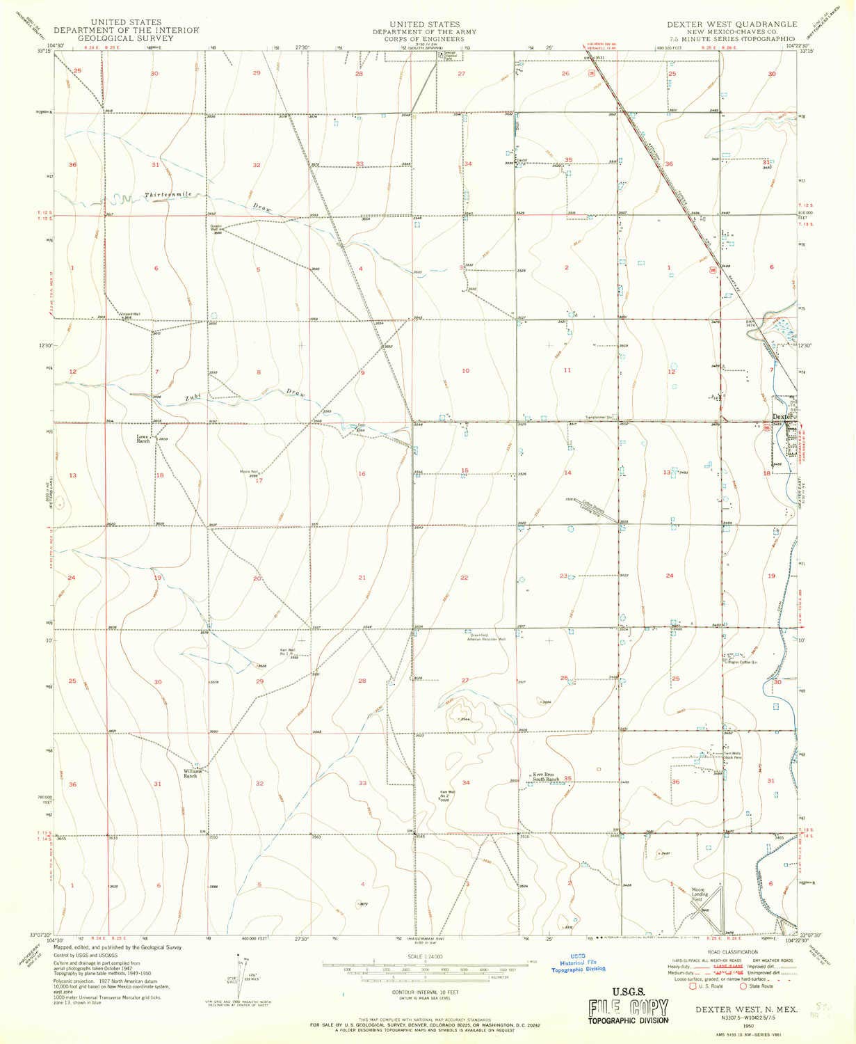YellowMaps Dexter West NM topo map, 1:24000 Scale, 7.5 X 7.5 Minute, Historical, 1950, Updated 1969, 26.8 x 22 in - Polypropylene