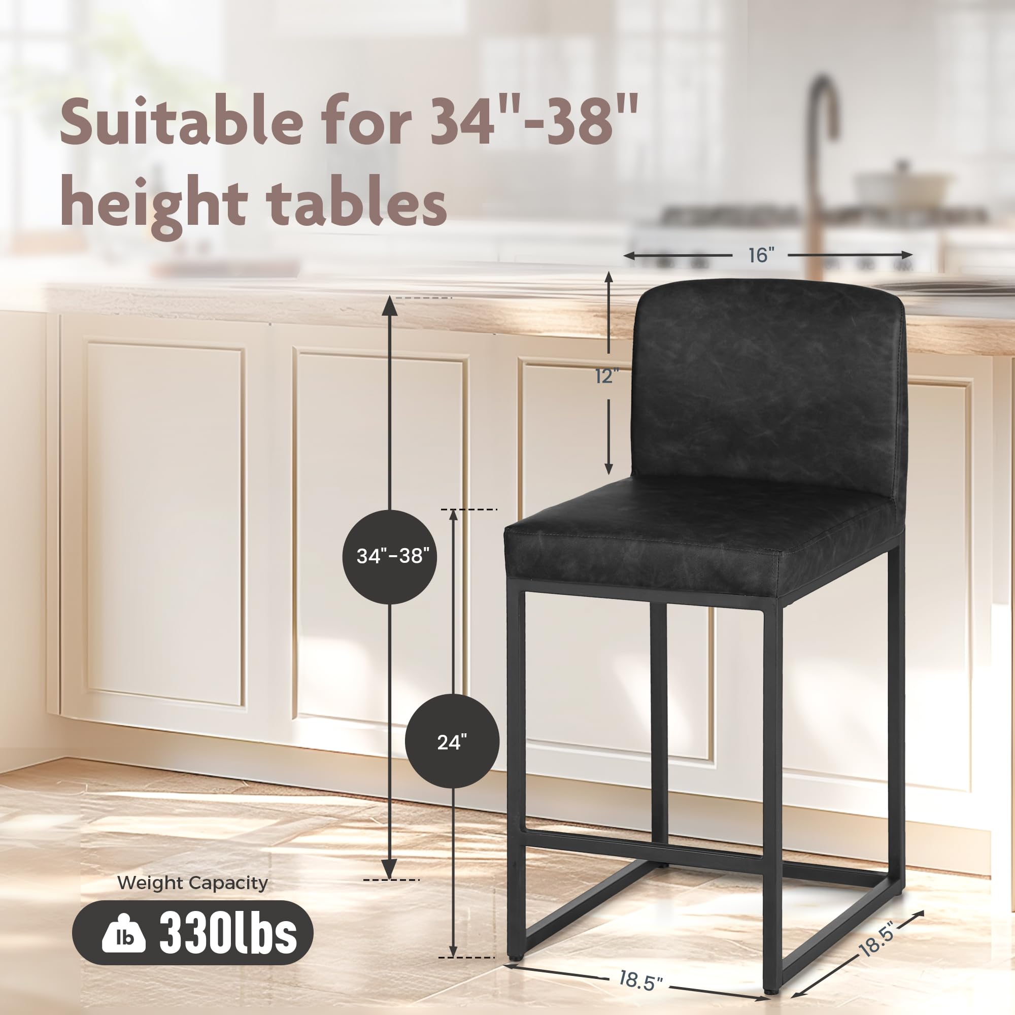 ALPHA HOME Barhocker 2er Set mit Lehne Pu-Leder Küchenhocker, Schwarz
