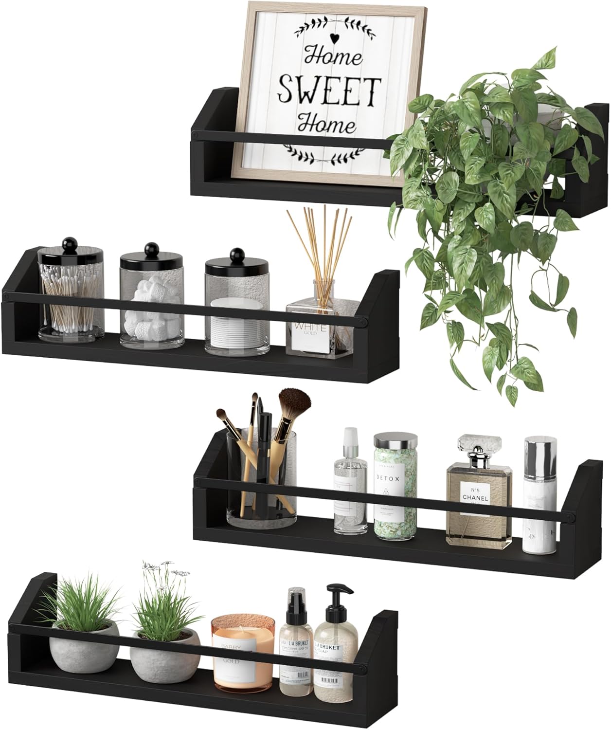 WOPITUES Floating Shelves with Protective Metal Rail, Small
