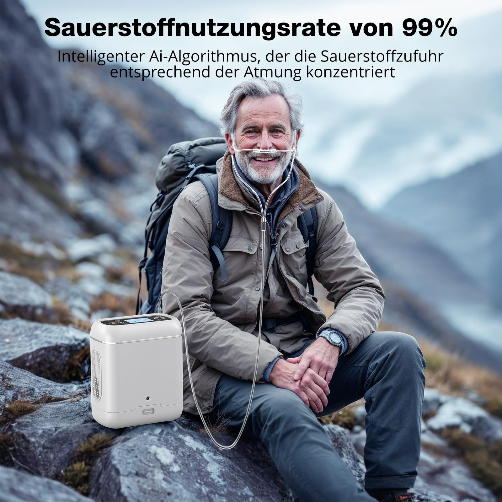 Mobil Sauerstoffkonzentrator mit Akku, Sauerstoffkonzentration 95 ± 3%, Tragbarer Sauerstoffgerät für Autos, Ausflüge und Reisen, mit Ai-Chip, Pulsmodus - Anleitung in Deutsch