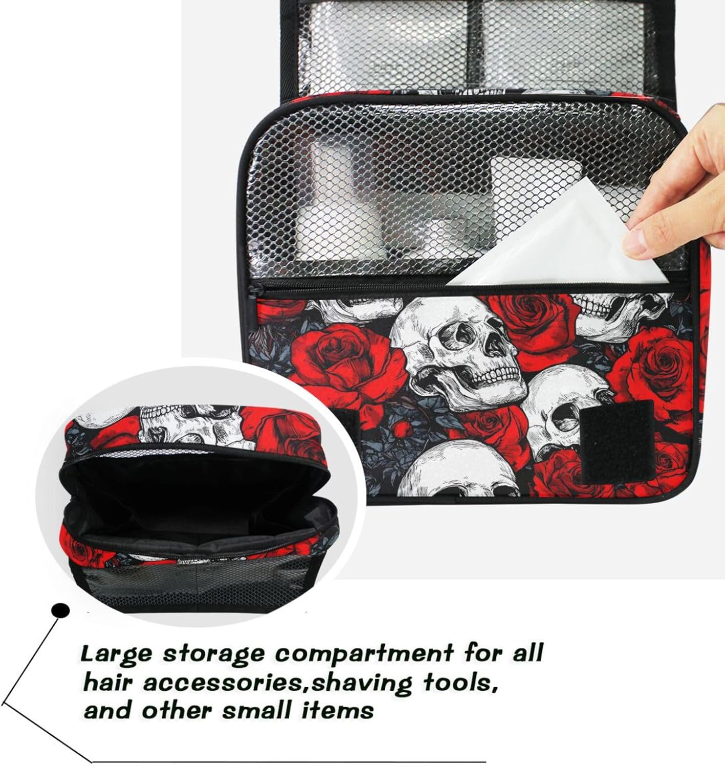 Hanging Toiletry Bag for Women Red Rose Flower Skull Makeup Bag Travel Essentials Toiletries Organizer Bag Floral Skeleton Cosmetic Bag Foldable