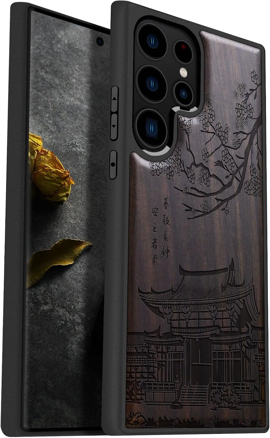 Carveit Wood Case for Galaxy S23 Ultra Case [Natural Wood & Black Soft TPU] Shockproof Protective Cover Unique Wooden Design Compatible with Samsung S23 Ultra (Japanese Oni Mask-Blackwood)