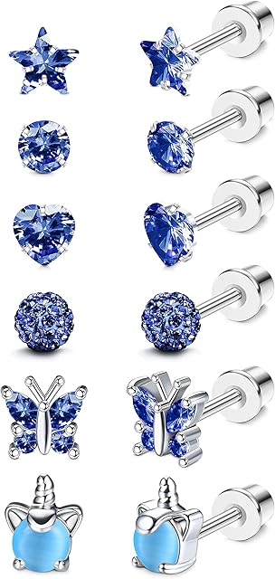YADOCA 6 Pairs Girls Earrings for Women 316L Stainless Steel Hypoallergenic Screw Back Earrings Cubic Zirconia Earrings Ball Heart CZ Butterfly Stud Earrings Set Tragus Cartilage Jewelry