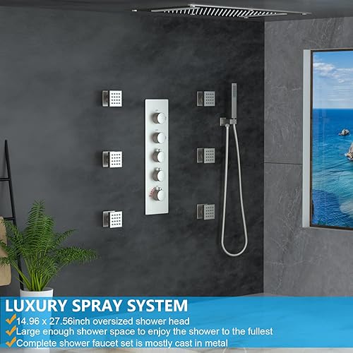 Miniatura 3 de Homedec - Juego completo de grifos de ducha de níquel cepillado, sistema de ducha multifuncional de 27.56 pulgadas con válvula desviadora áspera y