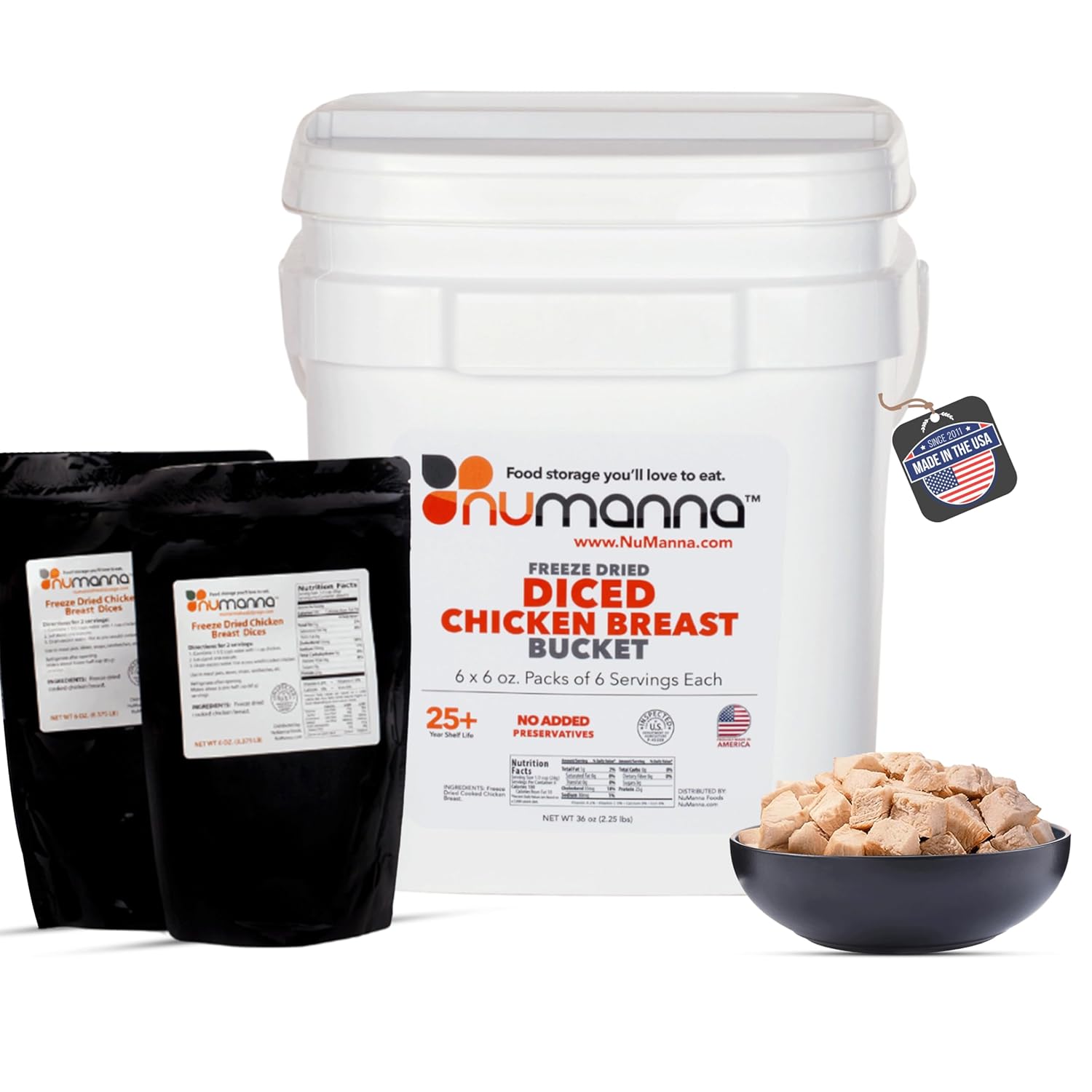 NuManna Freeze-Dried Diced Chicken Breast Bucket 36 Servings | Over 25g Protein per Serving for Daily Meal Prep, Emergency & Survival Food | Non-GMO, Resealable | 25+ Year Shelf Life | Made in USA