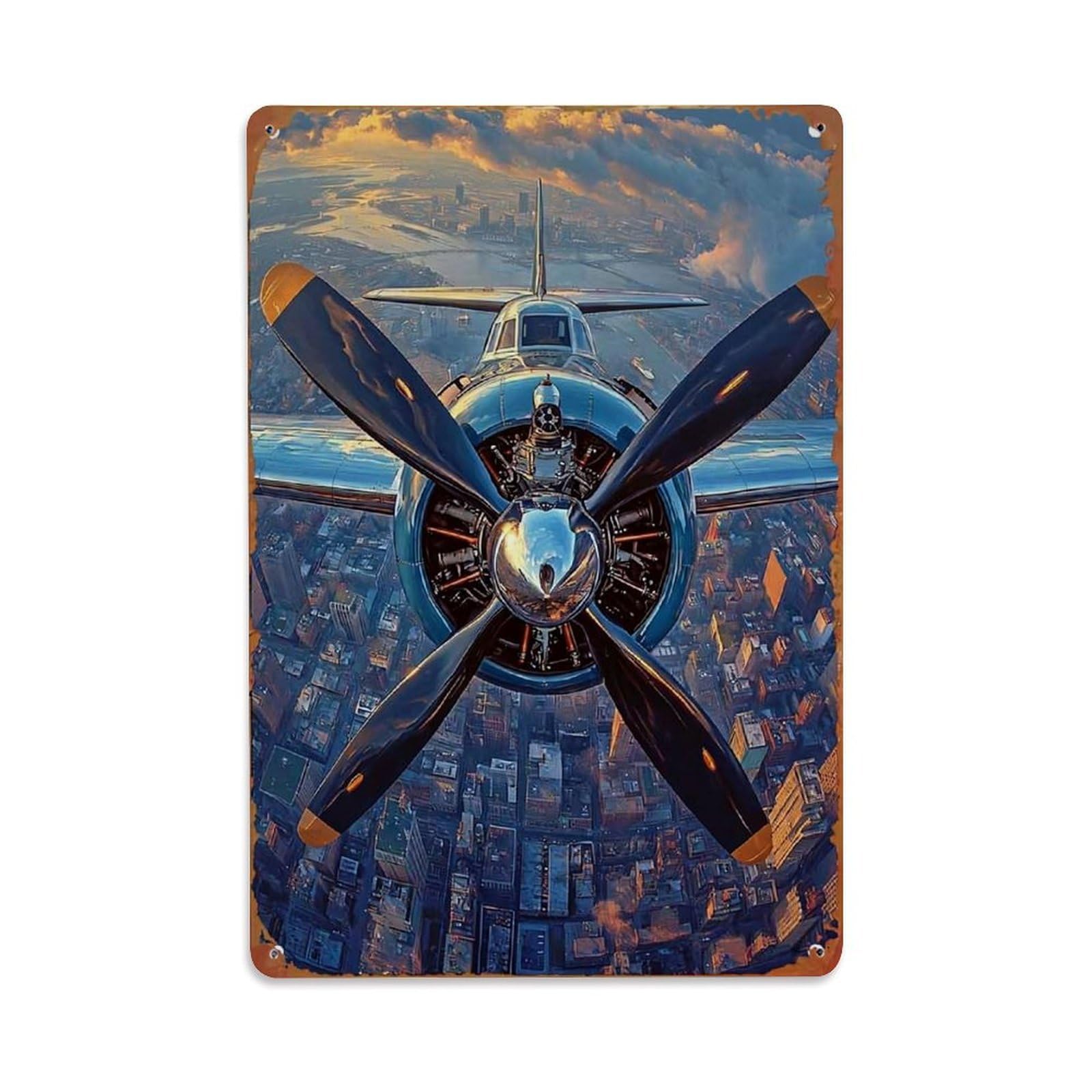Jdfenggu Vintage Aircraft Propeller Sky Cityscape Retro Metal Tin Sign, Decor Art Poster For Bar, Home, Man Cave, Kitchen, Laundry Room Gift 8X12inch