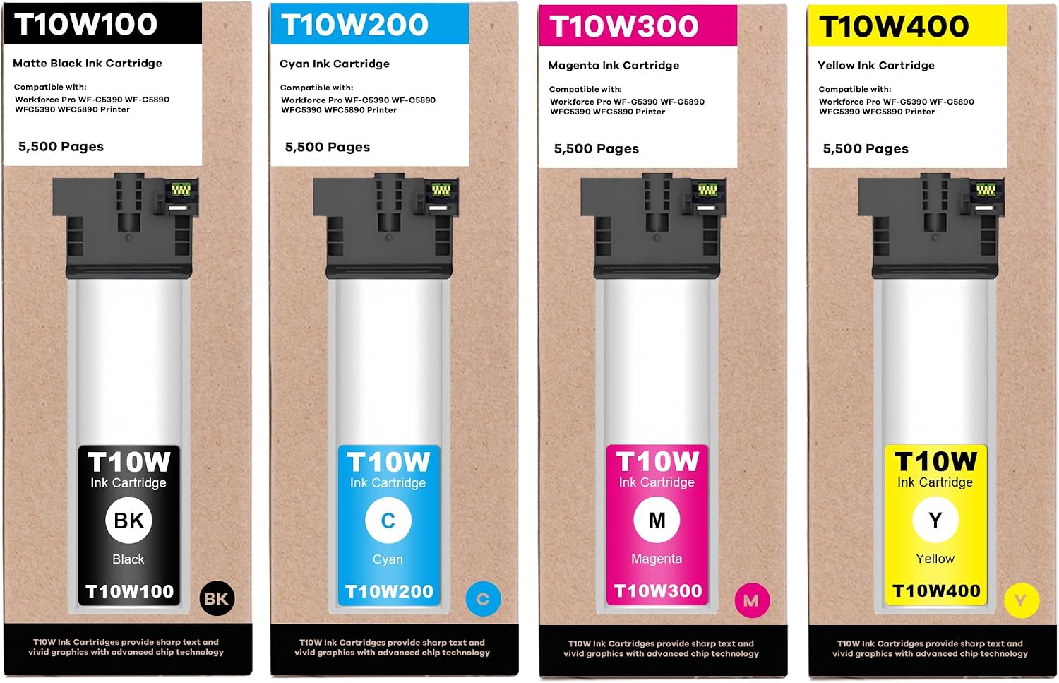 Remanufactured T10W Ink Cartridge T10W100 T10W200 T10W300 T10W400 Ink Set High Capacity Compatible with Workforce Pro WF-C5390 WF-C5890 WFC5390 WFC5890 Printer Ink (T10W, Black Cyan Magenta Yellow)