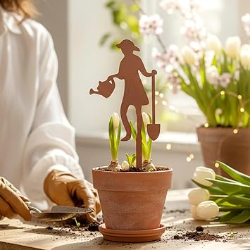 Metal Garden Decor Gardening Woman Plant Stake for Flower Pots