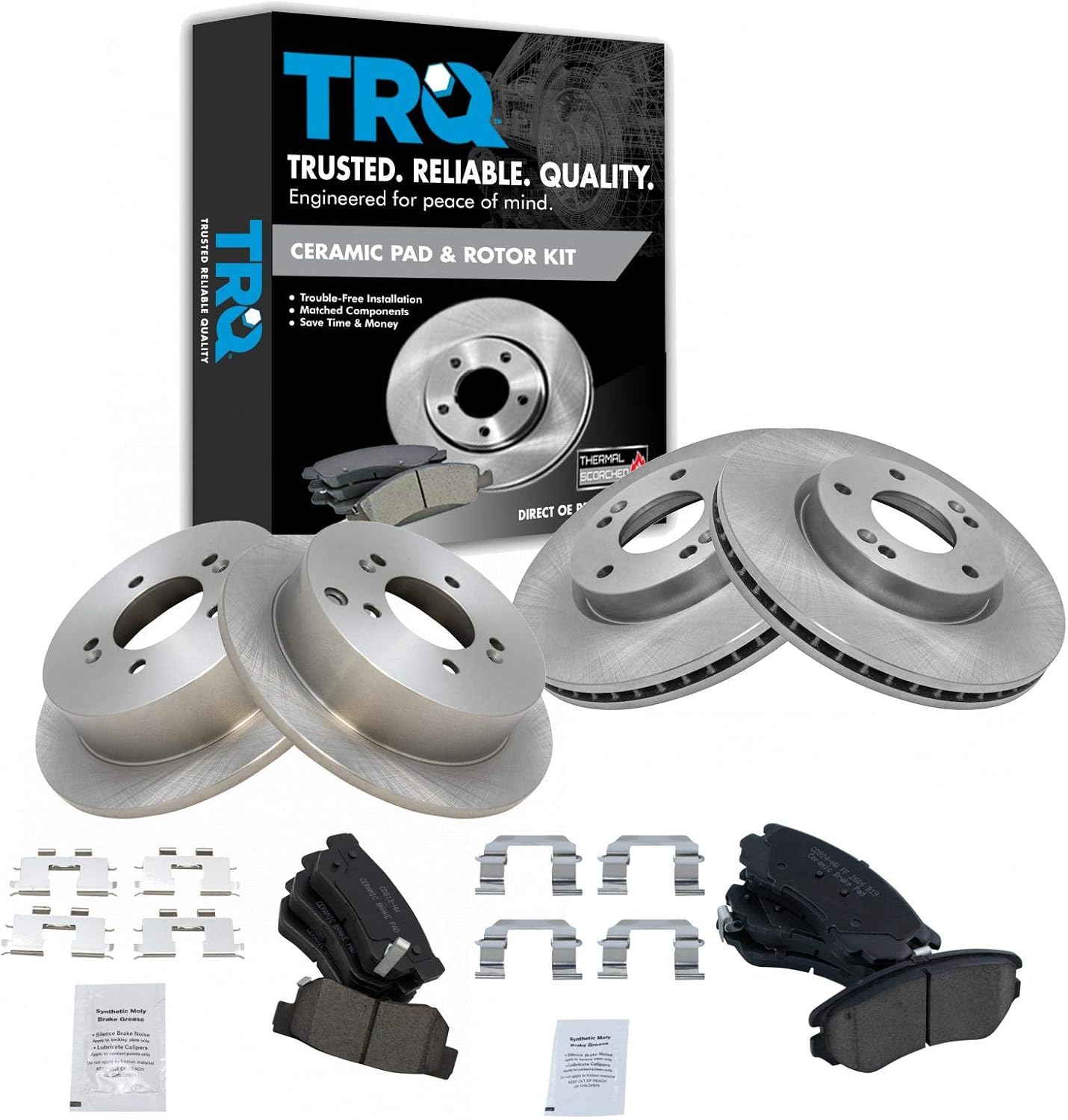 TRQ Front and Rear Brake Pad & Rotor Kit Brake Pads Brake Rotor Ceramic Compatible with 2009 Hyundai Tucson 2005-2010 Kia Sportage
