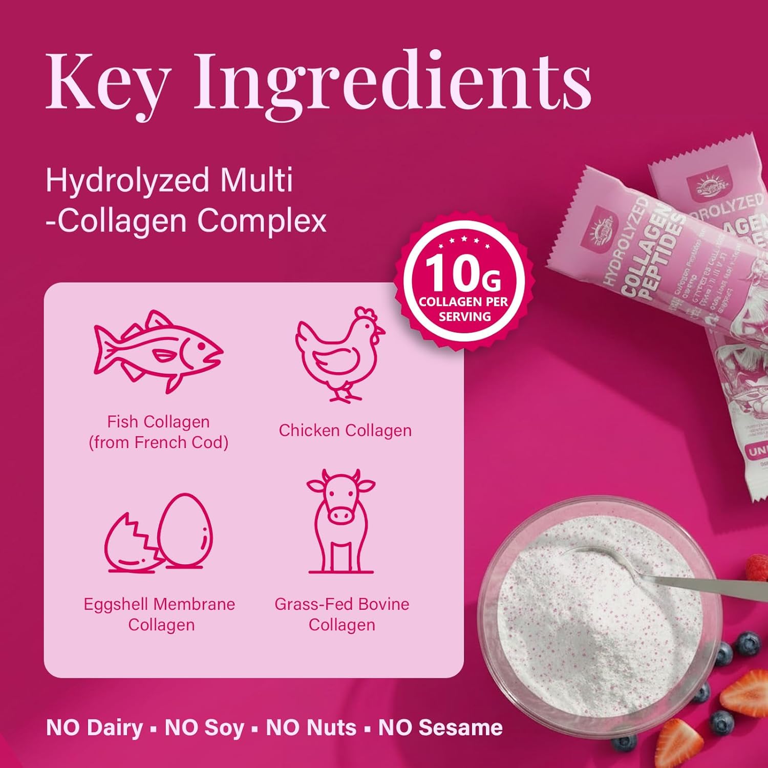 Multi Collagen Peptides Powder for Women – 10g Hydrolyzed Collagen Type I, II, III, V & X with Biotin, Hyaluronic Acid & Prebiotics | Hair, Skin, Nail & Bone Support | Berry Flavor | 30 Stick Packs