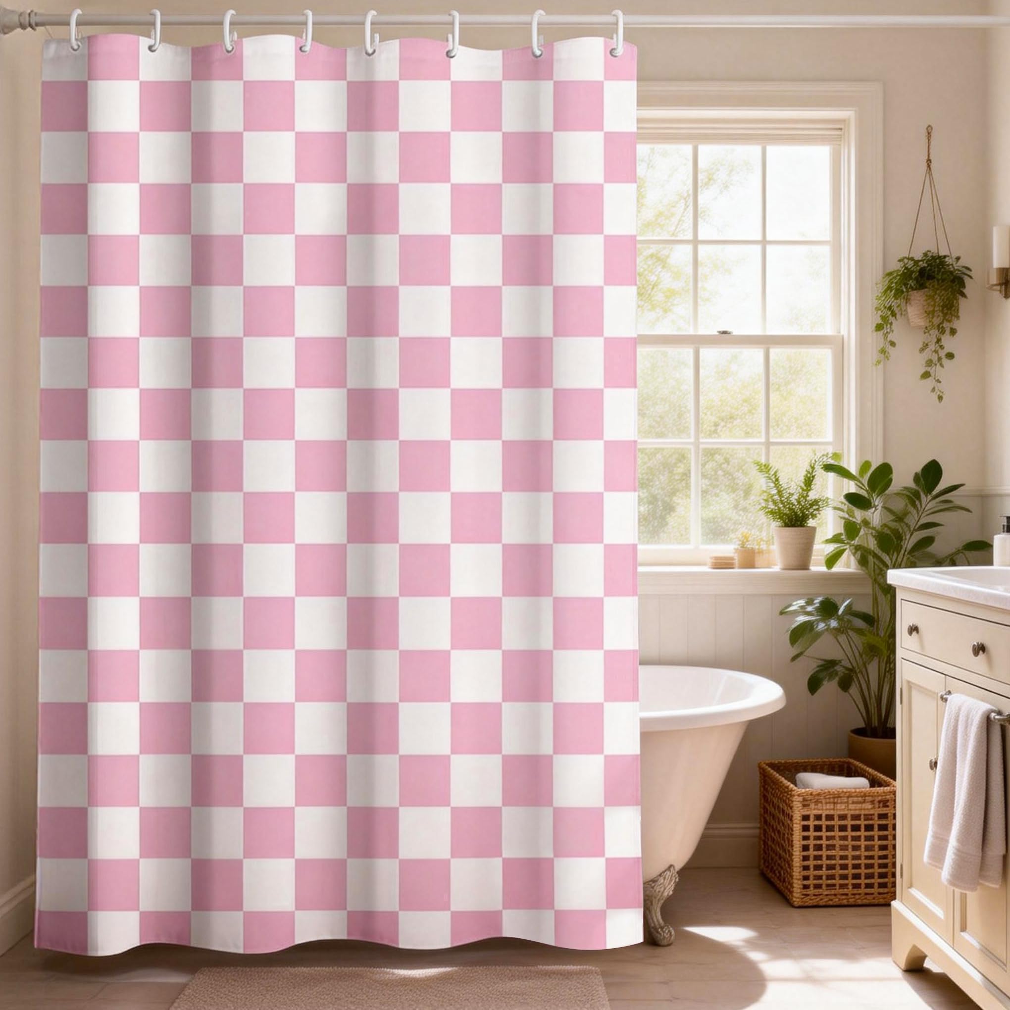 WELTRXE Rosa Duschvorhang 180x200cm, Anti-Schimmel Dusch Vorhang, Duschvorhänge aus Polyester mit Rosafarbenem Retro-Karomuster, Wasserdicht, Waschbar, für Dusche und Badewanne
