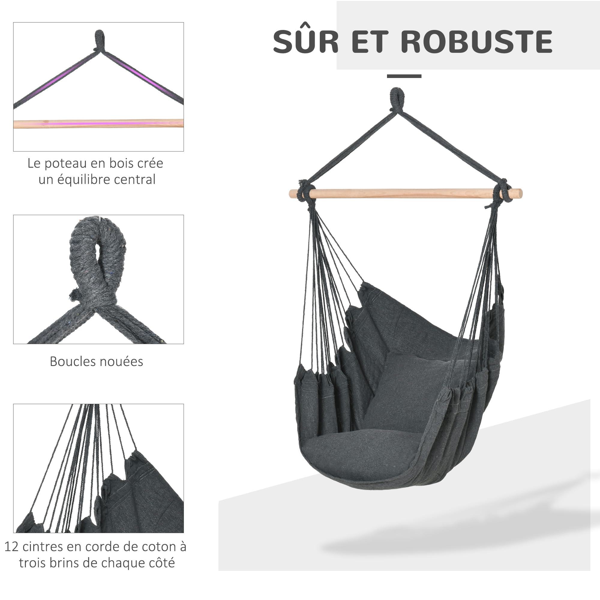 Outsunny Fauteuil Suspendu extérieur Chaise hamac Chaise Suspendue balançoire avec 2 Coussins, intérieur et extérieur, en Tissu Coton mélangé, pour Cour Patio pelouse, Gris foncé