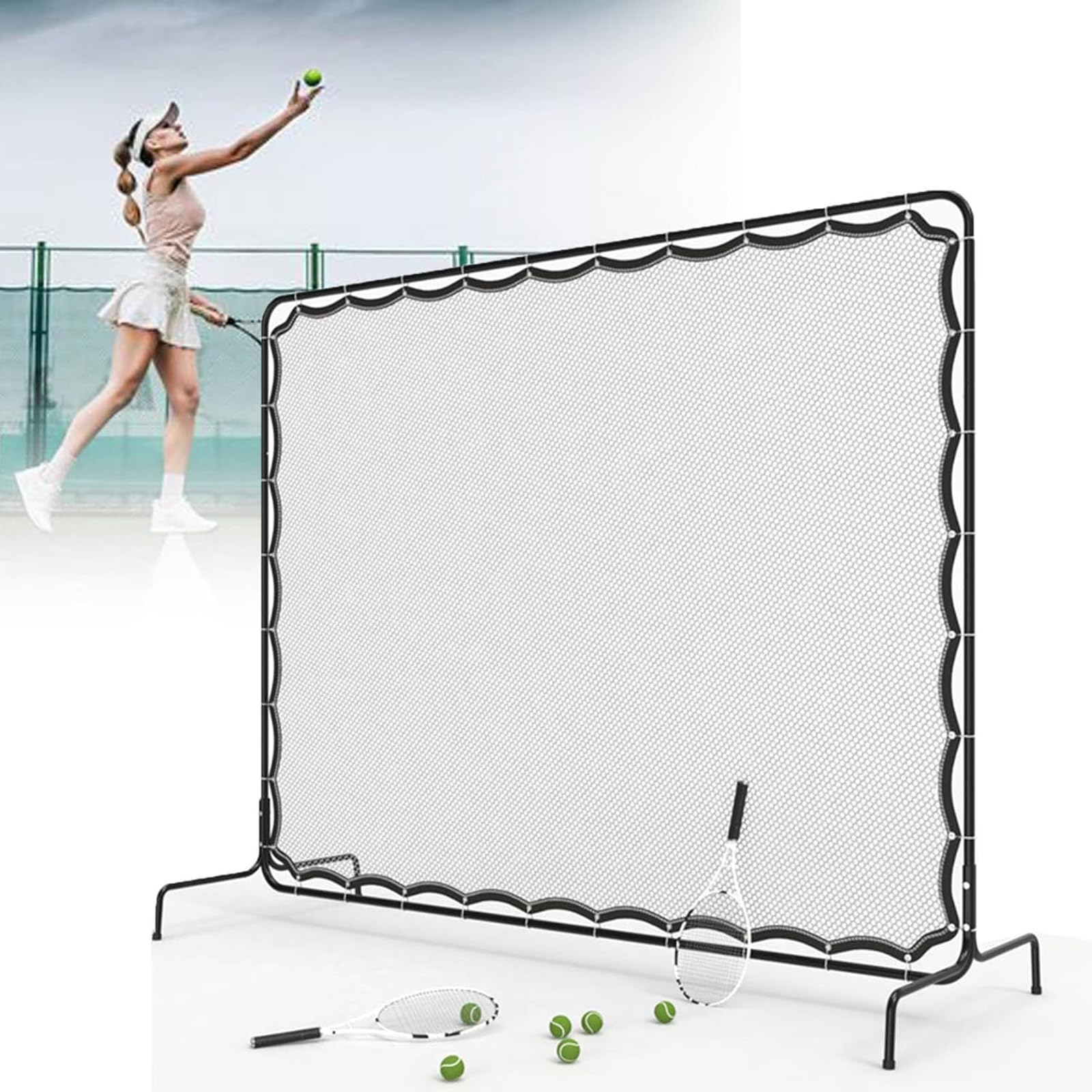 Rete da rimbalzo da tennis, 2,7 x 2,1 m, telaio in acciaio portatile per allenamento da solo, facile da montare per campi da tennis all'aperto e allenamento in cortile