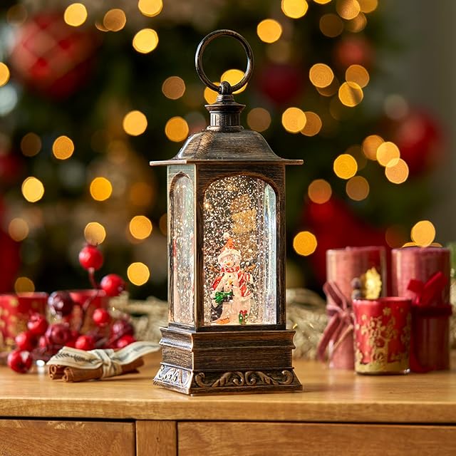 SA Products Christmas Glitter Water Spinner Lantern - Indoor Battery-Operated LED Snow Globe - Snowman, Decorations, Ornaments - Light-Up Decor with Resin Figures - Festive Hanging Lamp