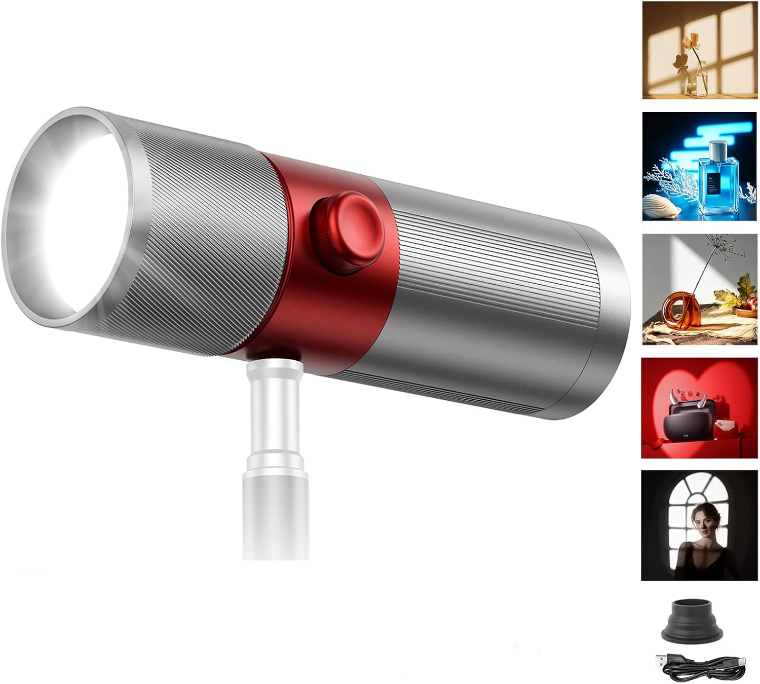 RGB Photography Flashlight, 8400mAh Portable Zoom Spotlight with 20 Gobos 4 Colors Rechargeable Picture Fill Light 10W LED Video Ambient Lighting for Content Creator Accessories Portrait