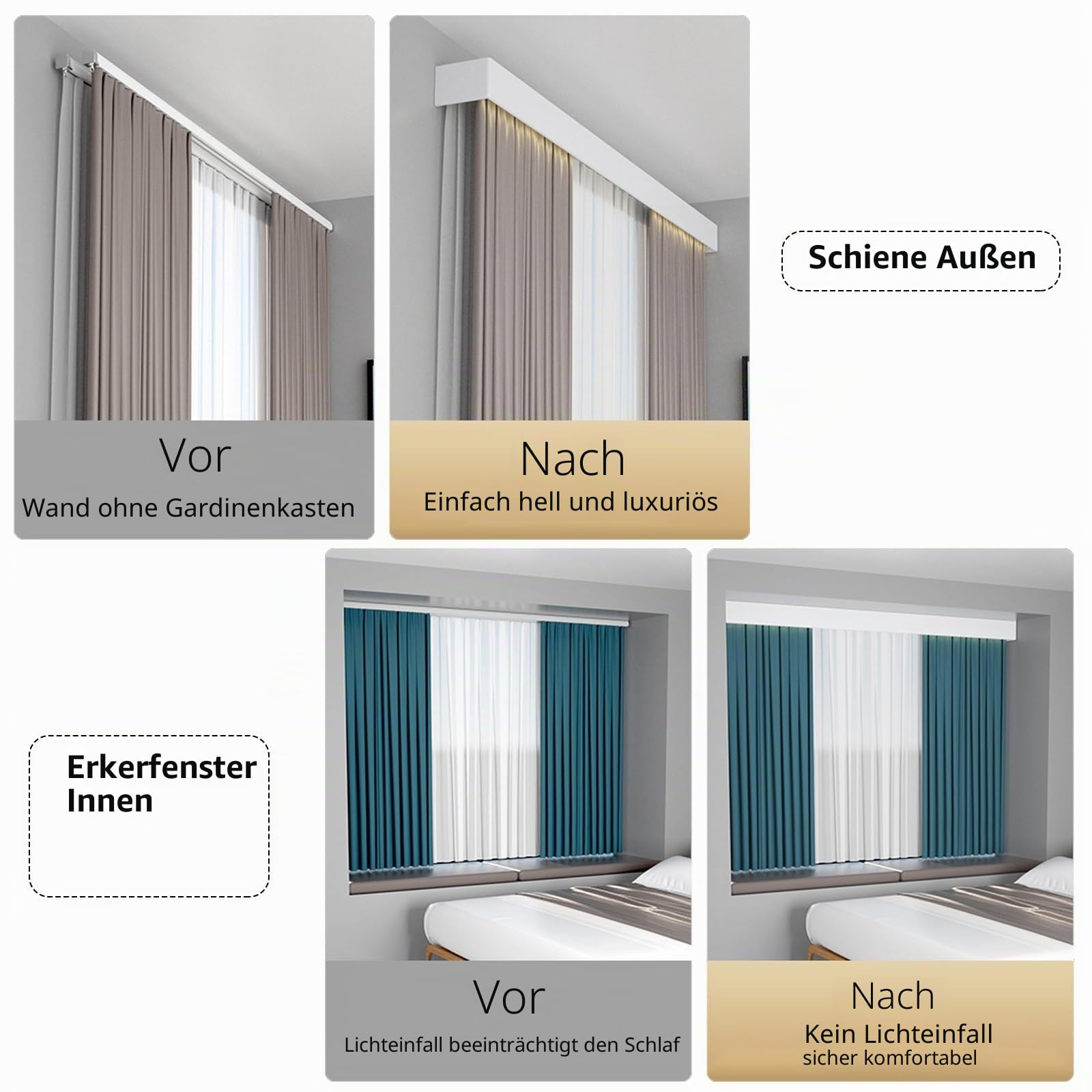 Integrierter Vorhangkasten mit Doppel Vorhangschiene – Geräuschlose Gleitschiene mit Prallschiene, für Decken- & Wandmontage – Komplettes Schienensystem mit Volantstange 70cm-600cm(100cm/3.28ft)