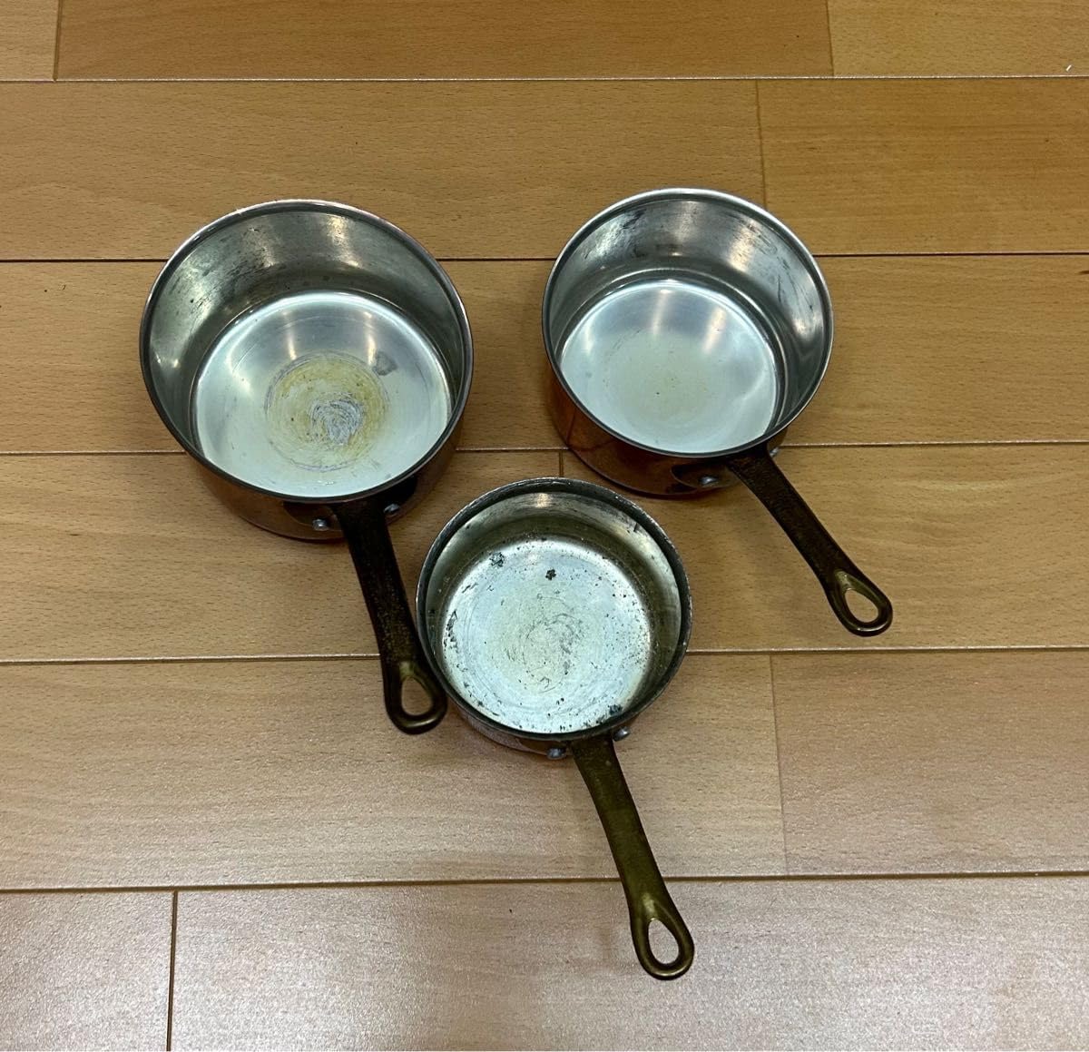 フランス アンティーク 銅鍋 片手鍋 ソースパン 2個セット 蓋付き