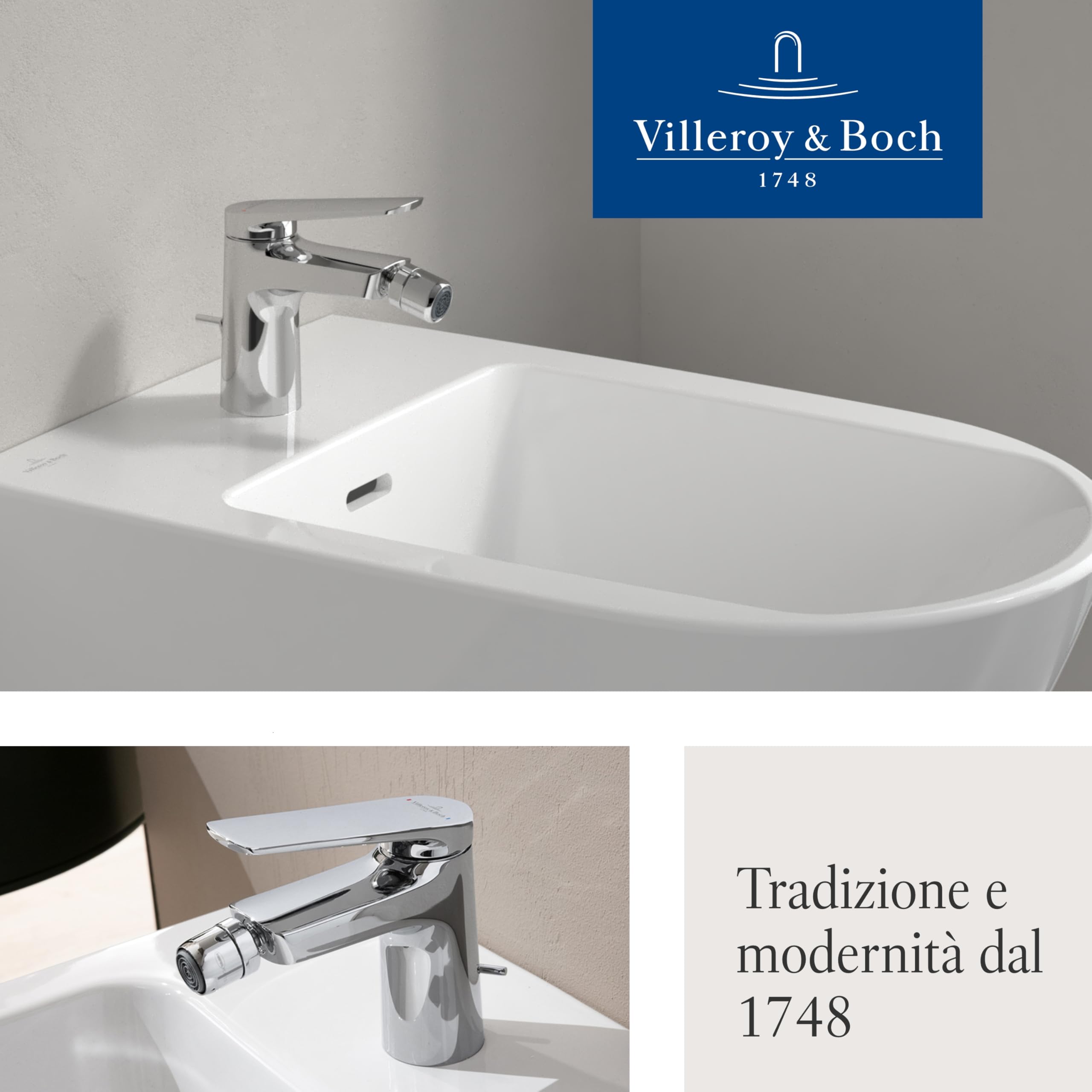 Villeroy & Boch Oasis rubinetto monocomando - miscelatore bidet con asta e cartuccia in ceramica - miscelatore bidet a risparmio - rompigetto mobile - altezza bocca 73mm - cromato