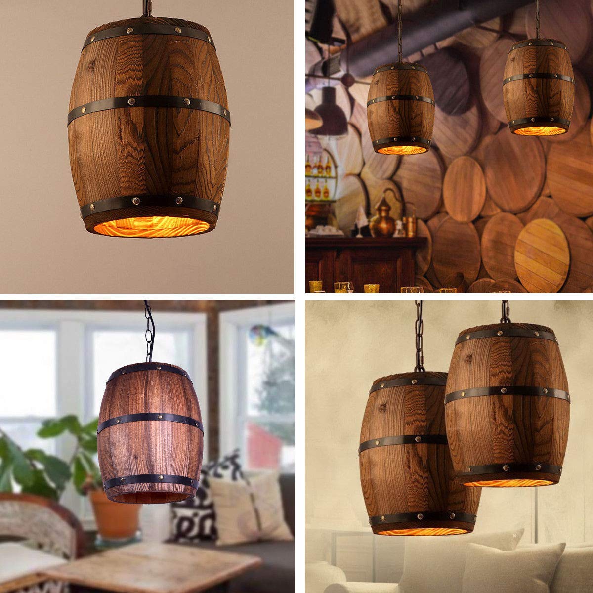 Vintage Wooden Barrel Pendant Light Fixture – Rustic Ceiling Lamp For Bar, Dining Room, Café