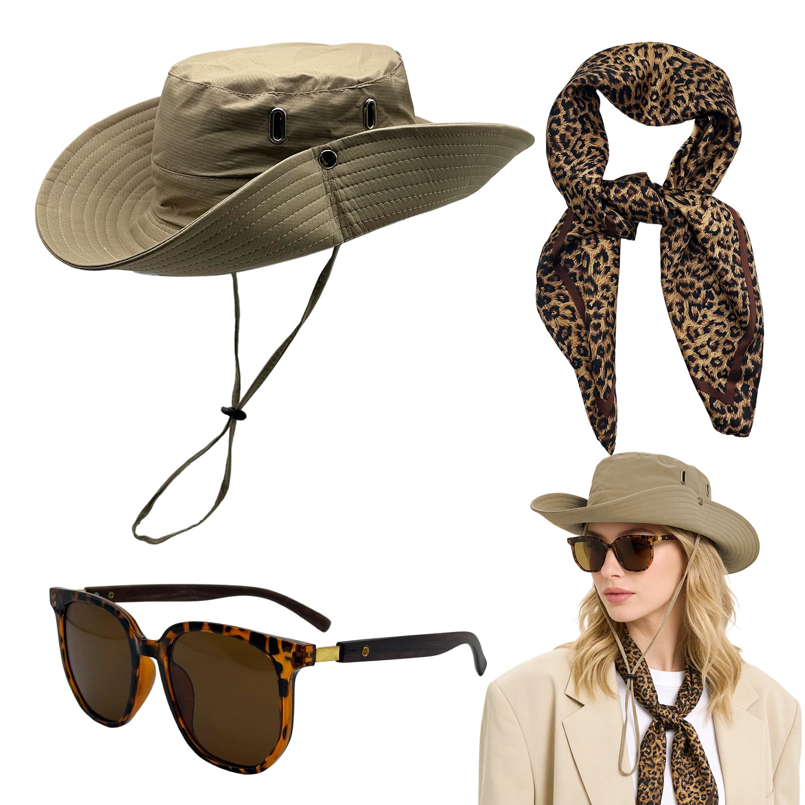 EUPSIIU 3 Pcs Safari Costume Accessories Set, Explorer Zookeeper Costume, Safari Hat, Leopard Print Scarf, Sunglasses, for Women Dress Up, Outdoor Adventures and Role Play (Khaki)