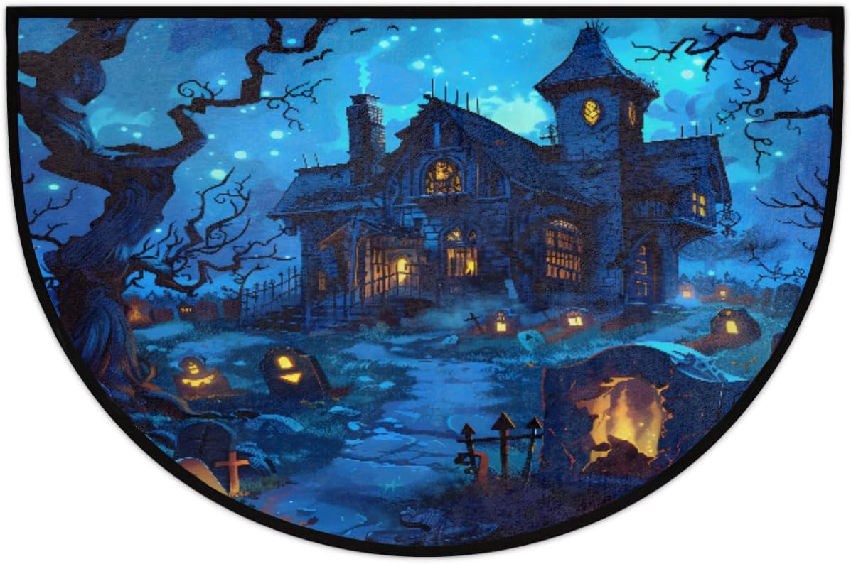 Half Round Door Mat Indoor Entrance Washable Half Circle Area Rugs Non Slip Half Moon Rug Semi Circle Bathroom Rugs Floor Carpet for Kitchen Bedroom Fireplace Blue Castle Halloween Decor