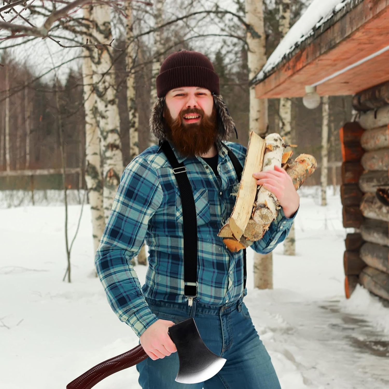 Chicingyou Lumberjack Costume Halloween Accessories Set Include Fake Axe Fake Beard Beanie Suspender for Men Women Cosplay