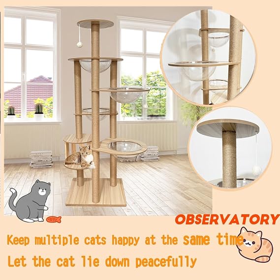 183 CM Cat tree,Stable Cat Scratching Post for Indoor Cats with 4 bowl,Multi-Level Cat Climbing Tower with Posts Fully Wrapped in Natural Sisal Rope,Cat tree for large cats.(YN-105)