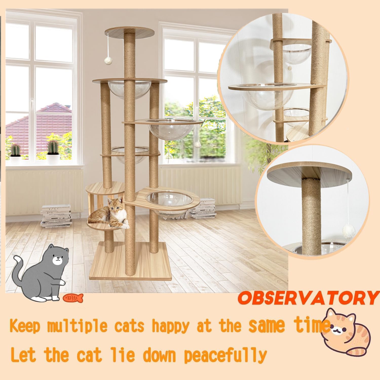Mdpetpops Árbol rascador para Gatos de 183 cm, Grande, con 4 cápsulas, Yute, Columna rascadora, Escalera, Cueva, Juguete para Gatos, Color Madera YN-105