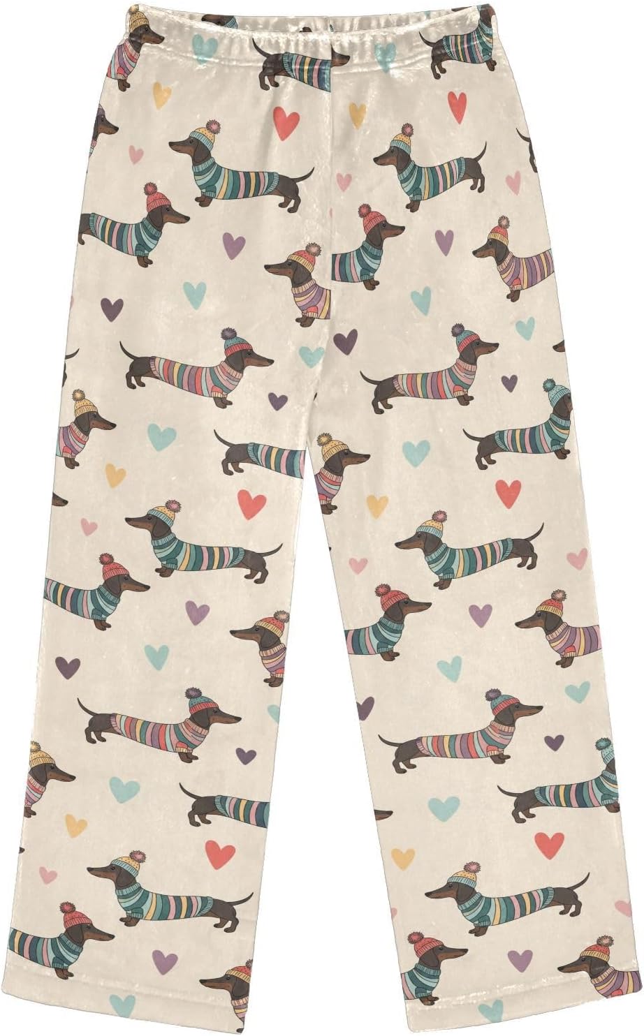 Dog Cartoon Heart Beige Print Plush Pajama Pants Sleepwear Bottoms Lounge Fleece Pants with Elastic Waist, S-XL