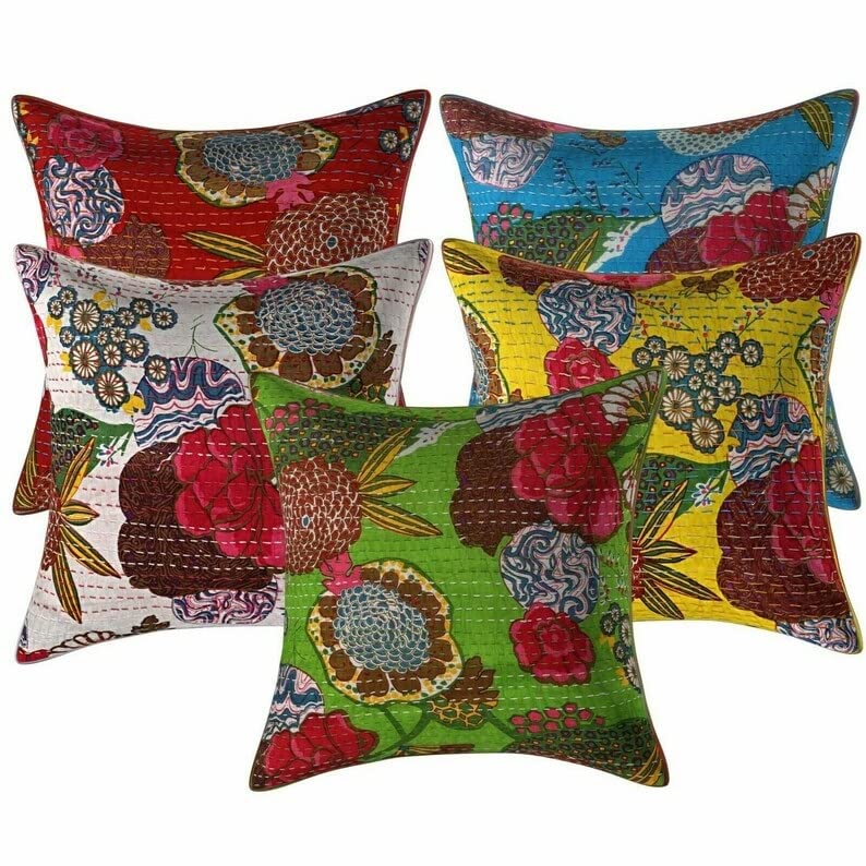 Housse de coussin Kantha haut de gamme en coton ethnique fait main lot de 5 pièces 16x16