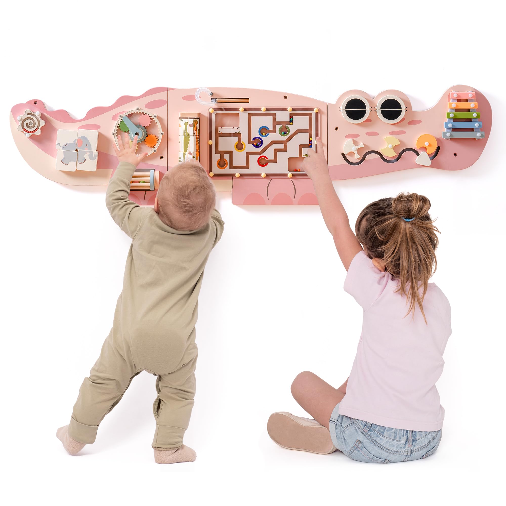 ROBUD Wooden Wall-Mounted Busy Board, 8-In-1 Activity Center Kids Montessori Toy with Magnetic Bead Maze, Block Match, Xylophone, Gears, Kids Toddlers Educational Toy Gift