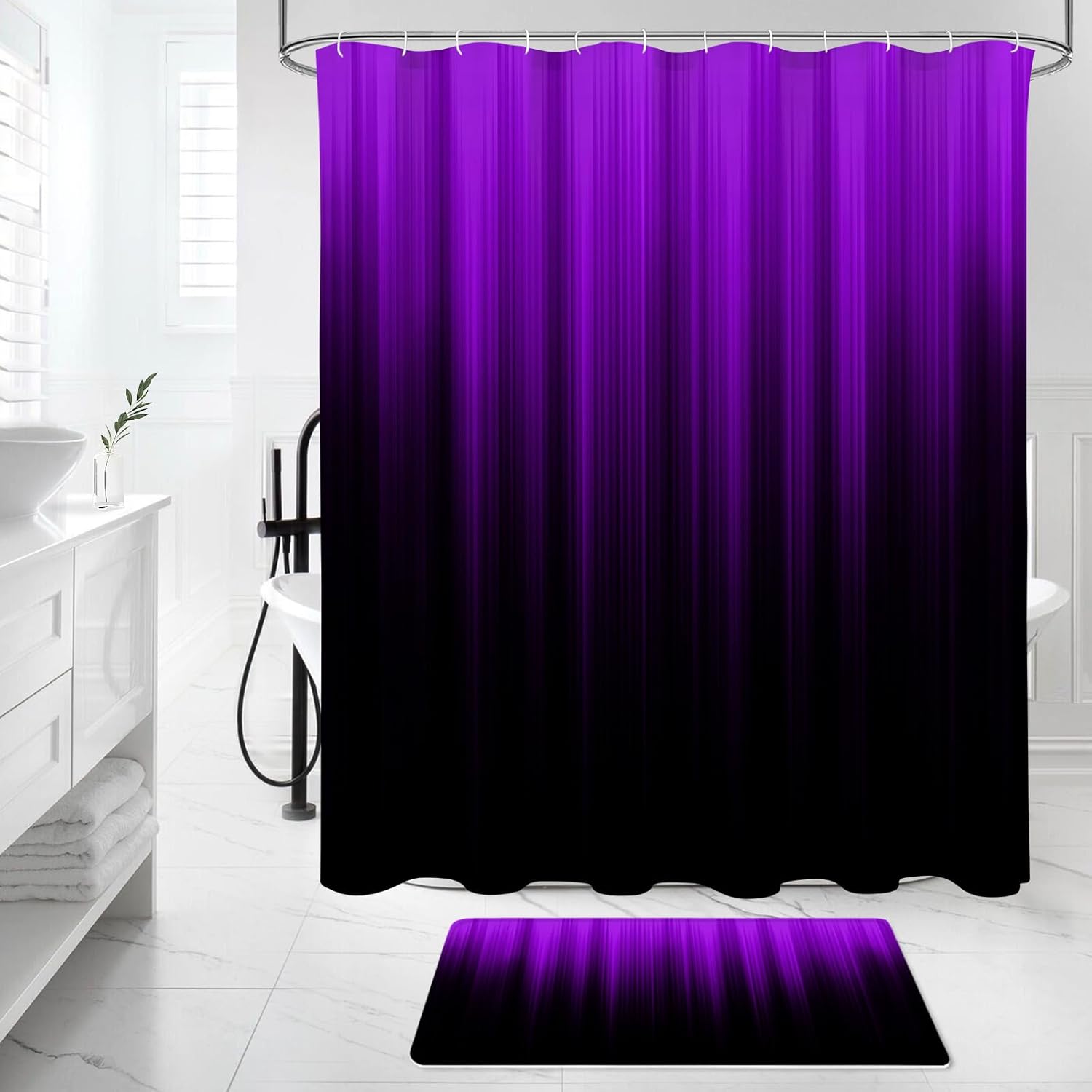 Litabel 4 Pcs Purple and Black Gradient Shower Curtain Set with Rugs and Toilet Lid Cover, Modern Simple Waterproof Fabric Bathroom Set, Ombre Stripe Gothic Abstract Bathroom Decor Set Accessories