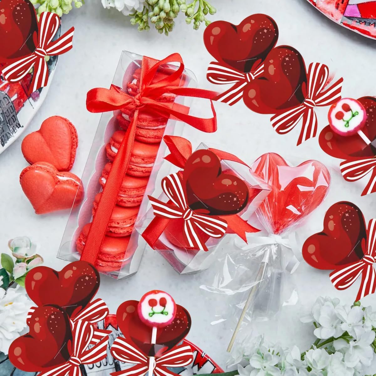 Heart Lollipop Paper Candy Cards Holder for Valentine's Day Heart-shaped Red Bow Candy Sugar Holder Package Wrapping Decor for Valentine's Day Wedding Anniversary Party Supplies 50 Pcs