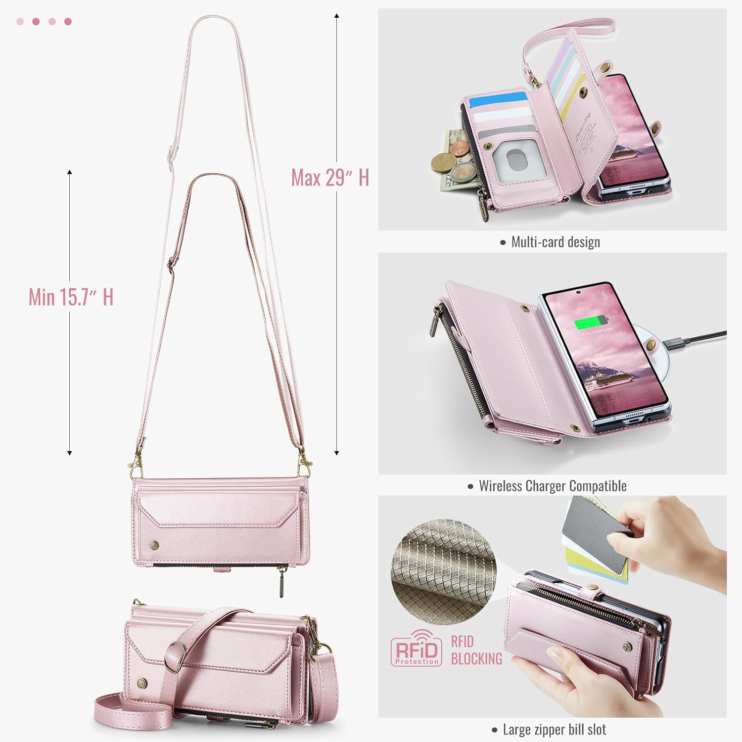 for Samsung Galaxy Z Fold 7 Wallet Case Durable Leather Cover with Card Holder Flip Flap Wrist Strap Zipper Closure & RFID Blocking Case for Galaxy Z Fold 7 Pink