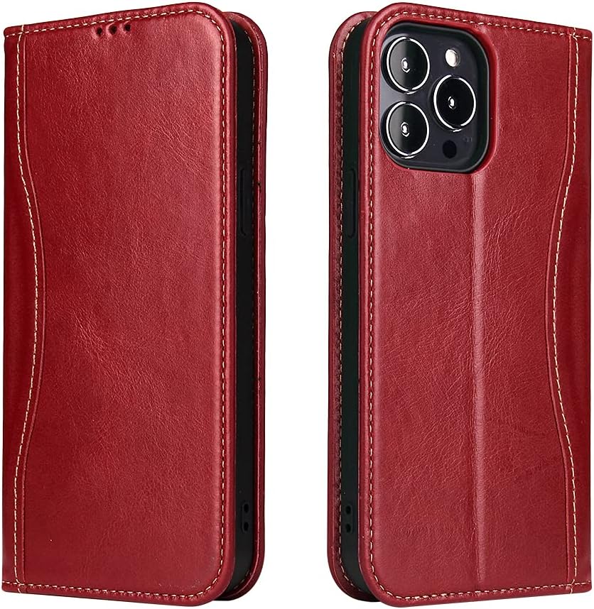 Genuine Leather Flip Case for iPhone 13 Pro,Classic Gun Leather Wallet Case Magnetic Closure Kickstand Card Slot