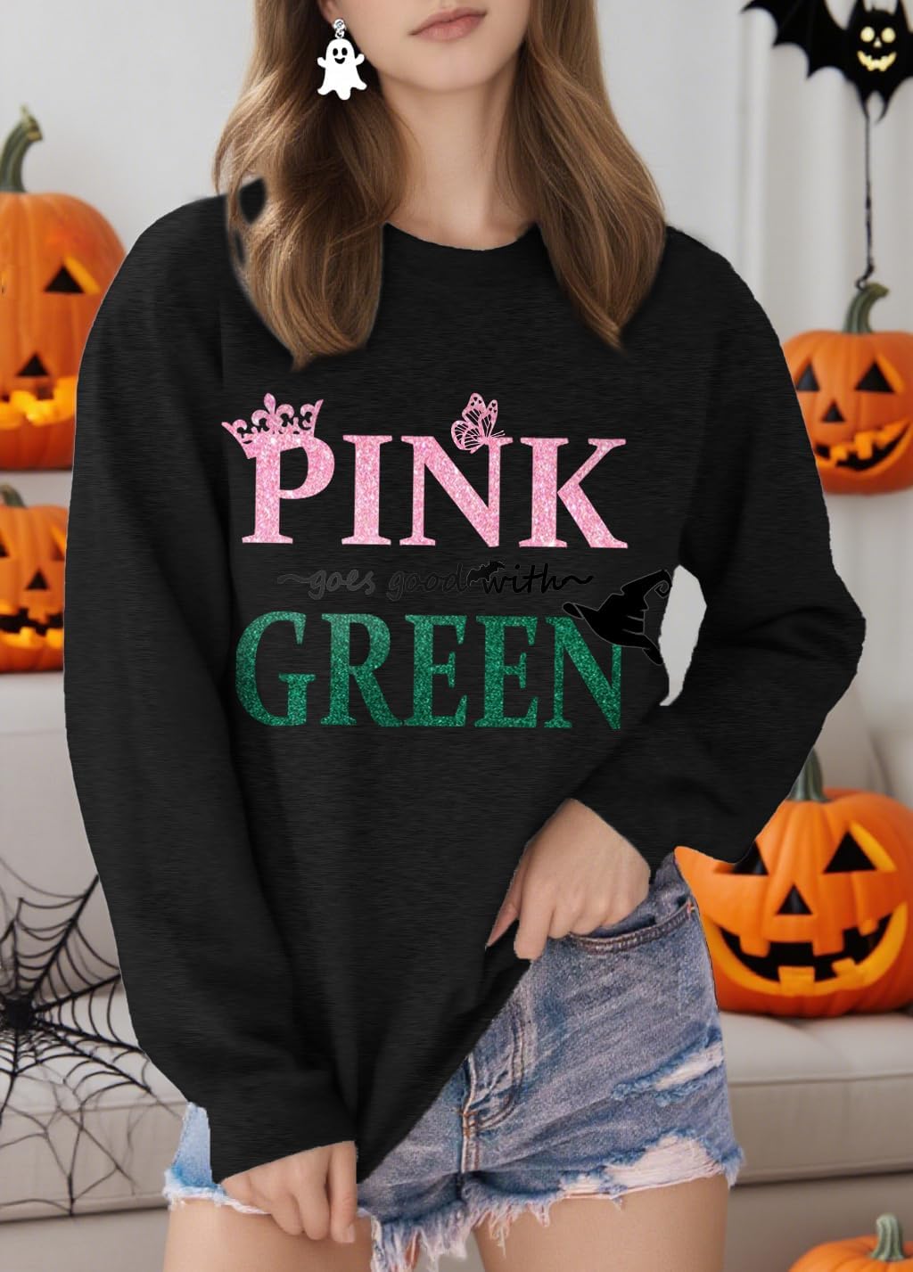 Pink Goes Good with Green Sweatshirt Women Musical Movie Graphic Gifts Casual Long Sleeve Sweater Tops - Image 2