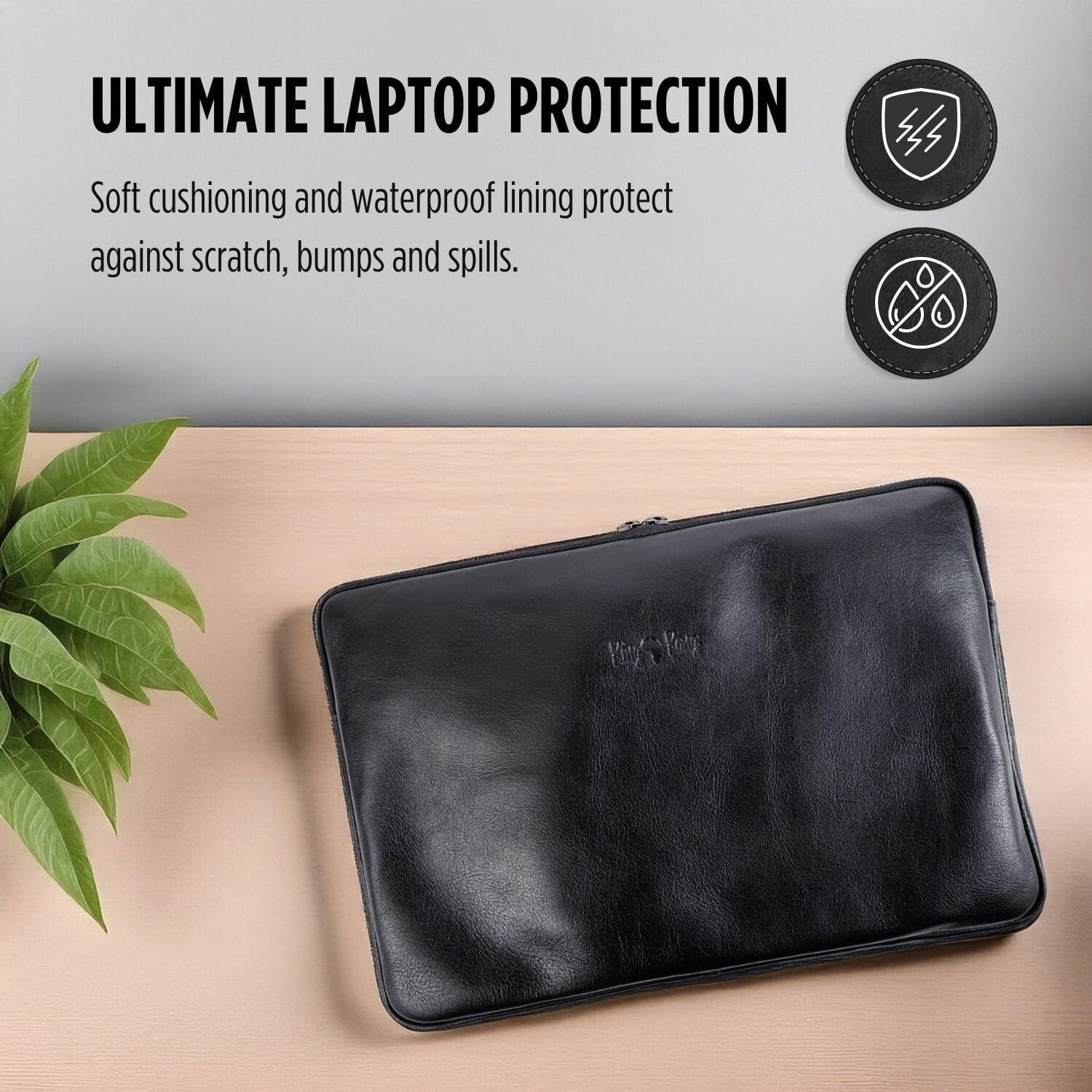 KING KONG Leather Laptop Sleeve, 14'' Notebook Case, Full-Grain Buffalo Leather Laptop Sleeve, Soft Cushioning and Waterproof Lining, Premium Zip, Design to fit Mac Laptops, Black