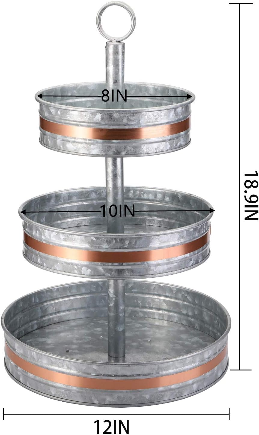 Cedilis Three Tiered Serving Stand, Rustic Metal Cupcake Stand, Galvanized Tiered Serving Tray for Dessert, Appetizers, Farmhouse Fruit Stand, Decorated for Fall