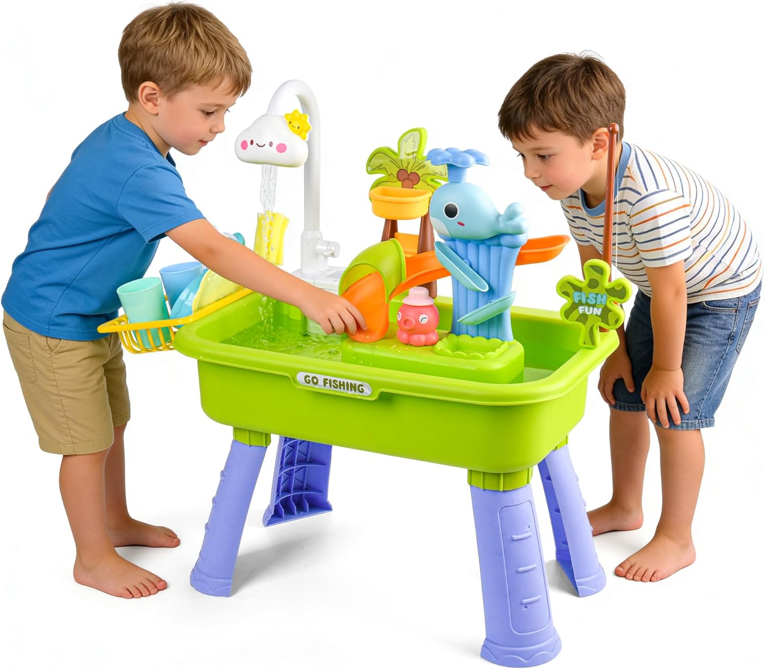 Upgraded Toddler Sand Water Table Toy with Electric Water Pump, Kids Sand Water with Faucet/Play Food Accessories/Fishing Toy, Kitchen Play Sink Toys for Girl Boy Age 3+ (Green)