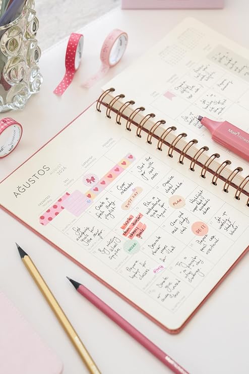 Matt Notebook 2026-2027 A5 Keten Akademik Ajanda Spiralli 15x21 cm - 17 Aylık Pembe