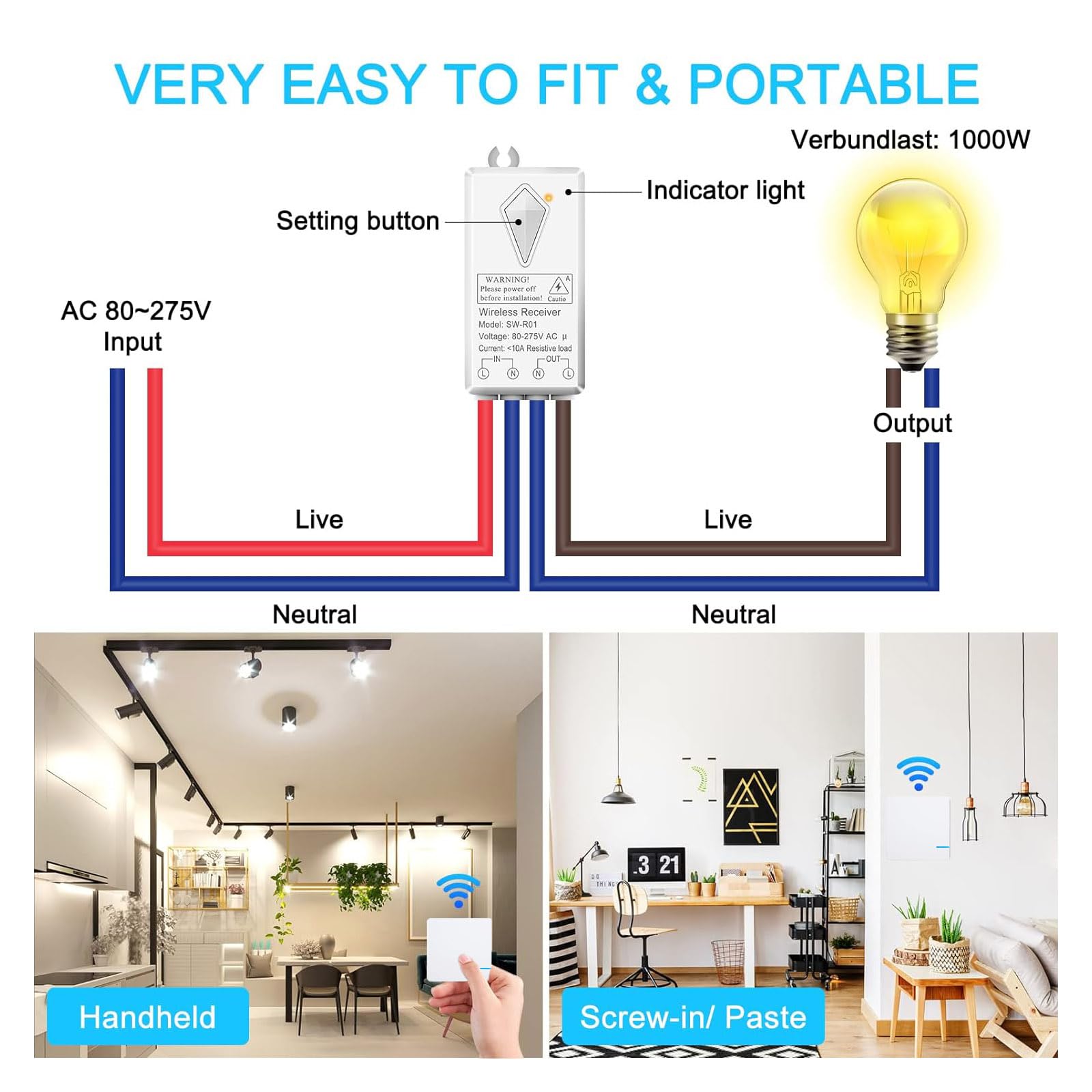 Funkschalter 230V, NineLeaf Funk Lichtschalter Set, 10A 1000W Funklichterschalter, Upgrade für versteckte Verkabelung, 400 m Funkreichweite, IP66 Wasserdicht, Max Geeignet Für 1000W Lampe, 3SET