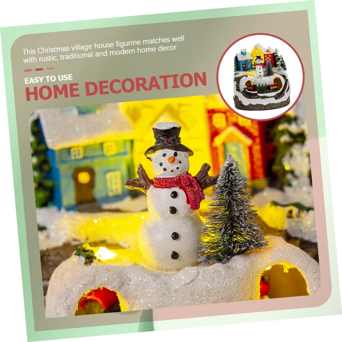 GLEAVI 1pc Christmas Lighted House Music and Train Resin Snow Village Decoration for Holiday Tabletop Display for Spreading Christmas Spirit and Festive Cheer