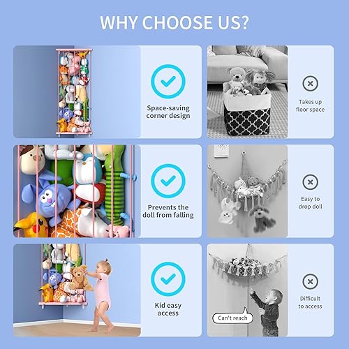 Miniatura 8 de Organizador de almacenamiento de animales de peluche (patentado)  Longitud ajustable del soporte para animales de peluche en la esquina