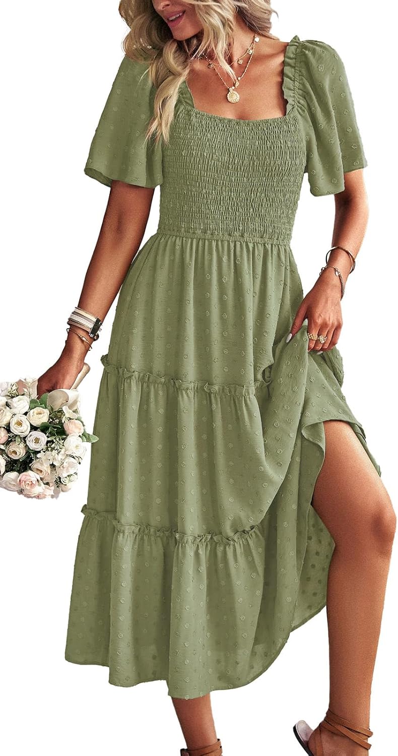 Women's Casual Summer Dress 2026 Square Neck Flutter Sleeve Smocked Tiered Midi Dress Swiss Dot Boho Flowy Dresses - Image 5
