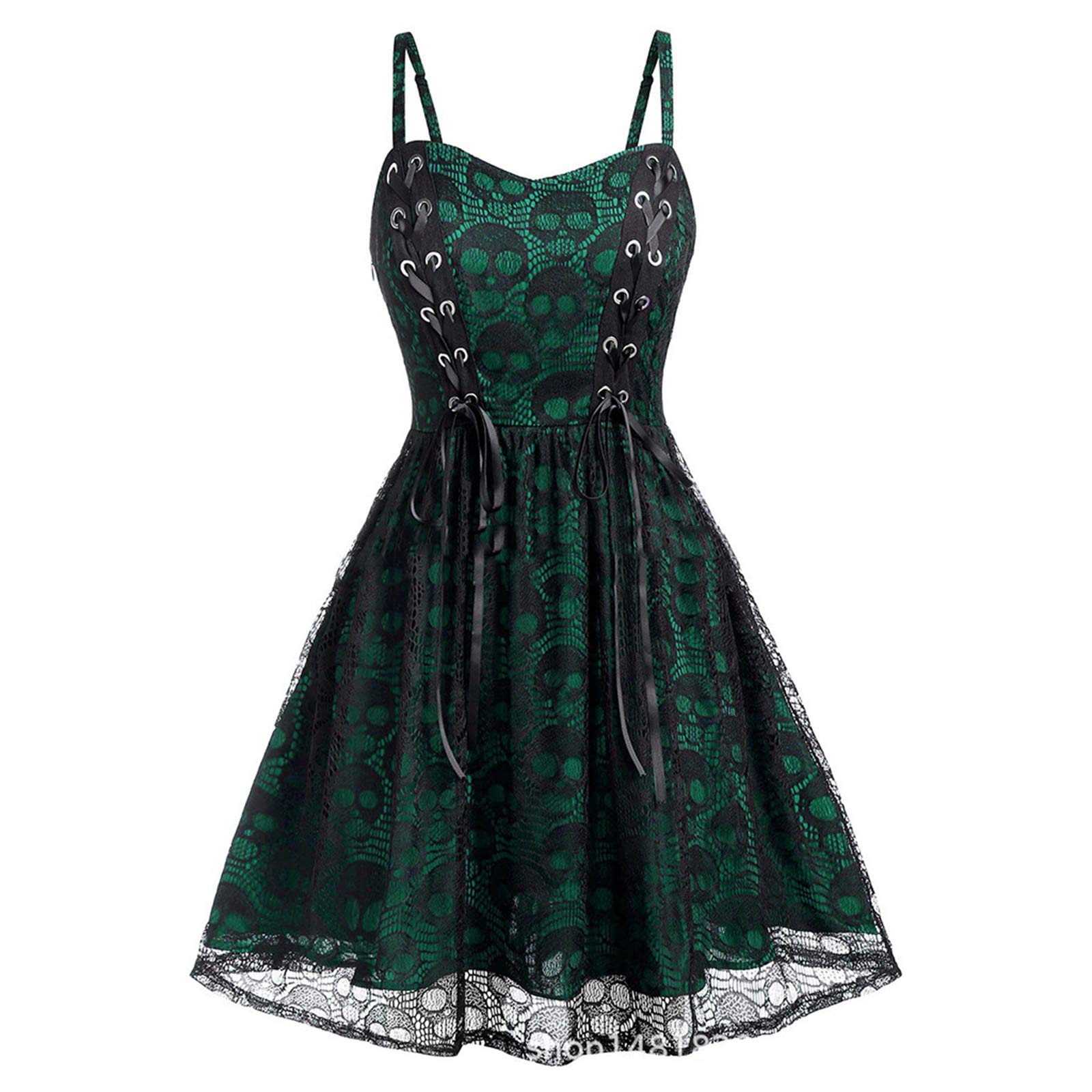oneforus Womens Gothic Punk Vintage Lace Skull Suspender Dress Halloween Dress Green