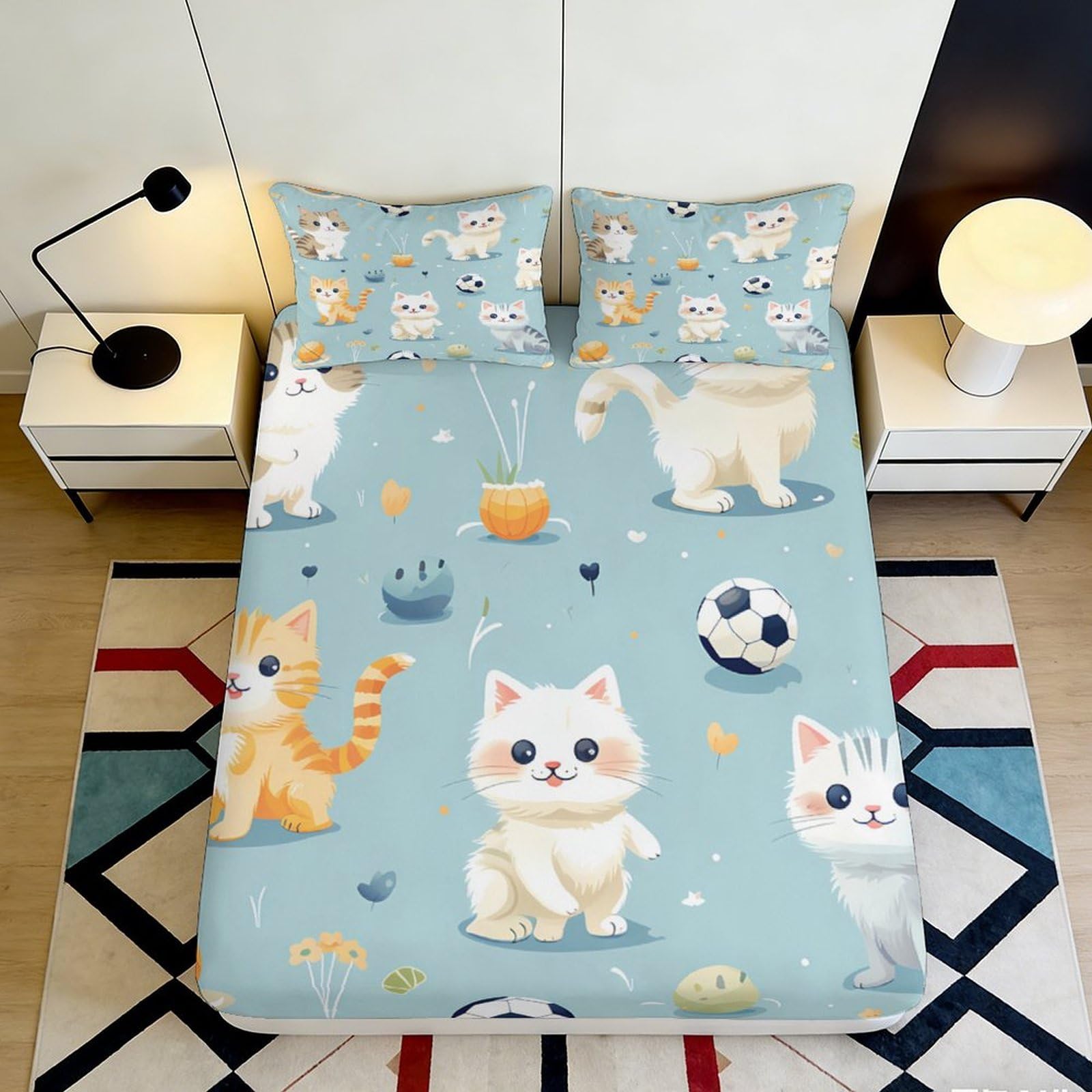 3D Printed Cute Cat Fitted Sheet, Microfiber Soft Touch, Wrinkle Resistant, Bed Cover for Home Bedroom, Apartment Bedding, Easy Care, Dustproof, 118 Chars 90x200x25cm