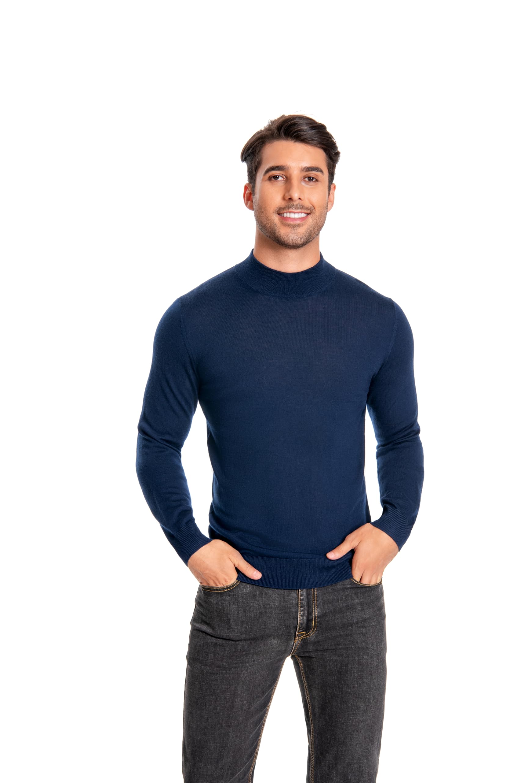 WOSICA Men's 100% Extrafine Merino Wool Long Sleeve Mock Neck Jumper (Navy S)