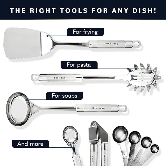 Stainless Steel Kitchen Utensils Cookware Utensils Set - 29 - Nonstick Cookware Set with Spatula - Best Kitchen Gadgets Kitchen Tool Set Gift by HomeHero