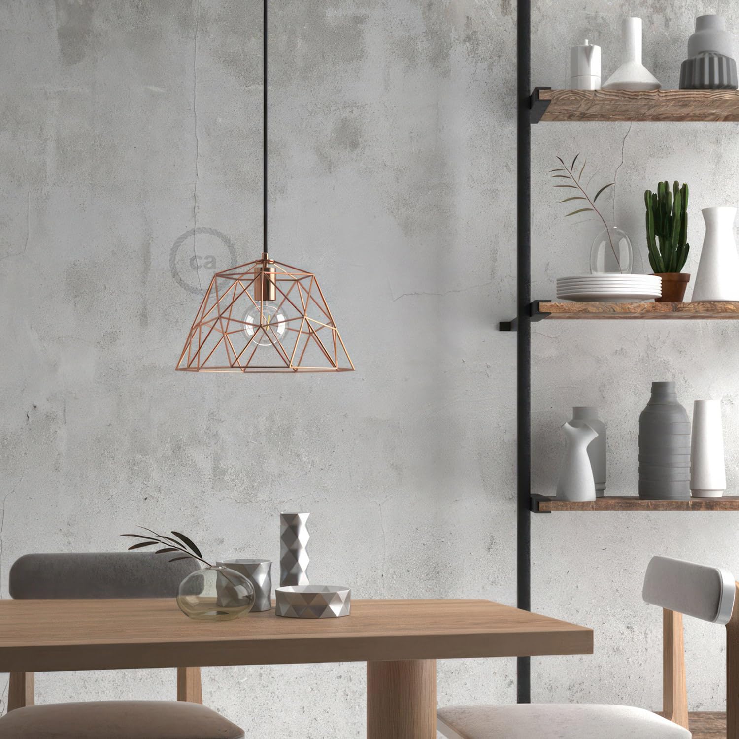 Lámpara colgante hecha en Italia con cable textil, pantalla Dome y detalles metálicos - Con bombilla, Cobre